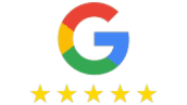 Google logo with five gold stars below, representing highest customer ratings
