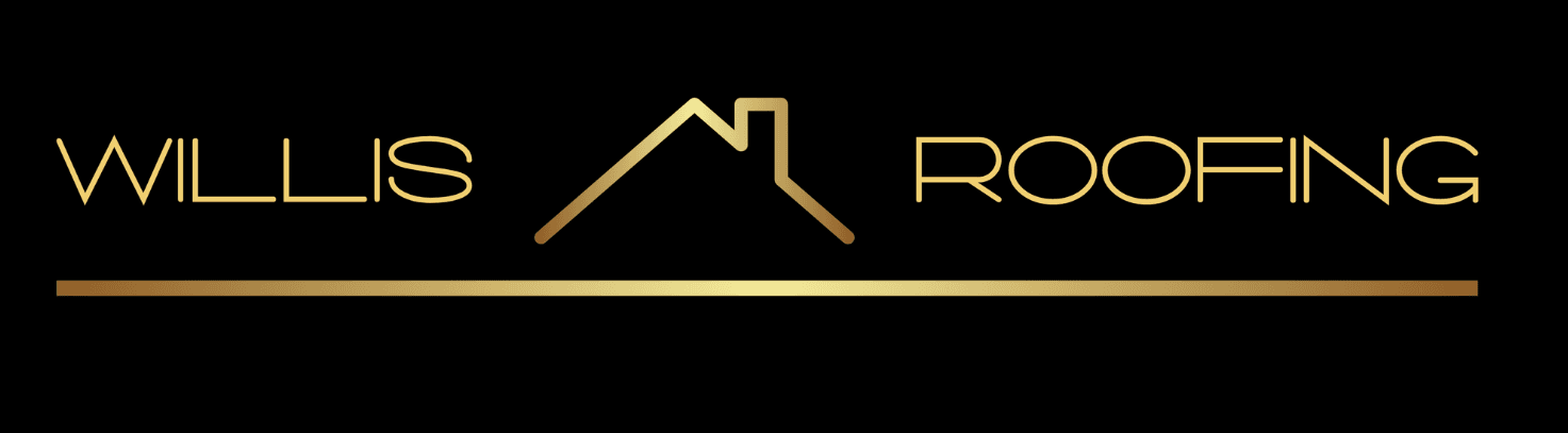 Willis Roofing logo with gold text and house roof icon on black background